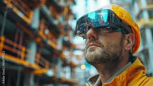 An architect with augmented reality glasses, collaborating with clients to visualize design concepts within the context of a construction site.