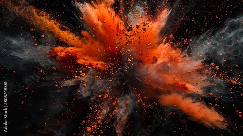 Orange Farbexplosion vor dunklem Hintergrund, rauchender Knall, Explosion aus orangem Pulver	
 photo