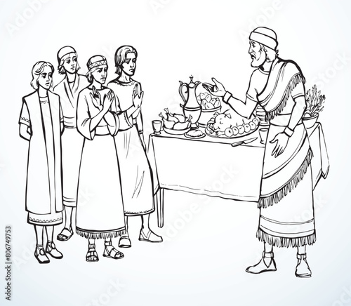 Vector drawing. Daniel and his friends refuse the king's food