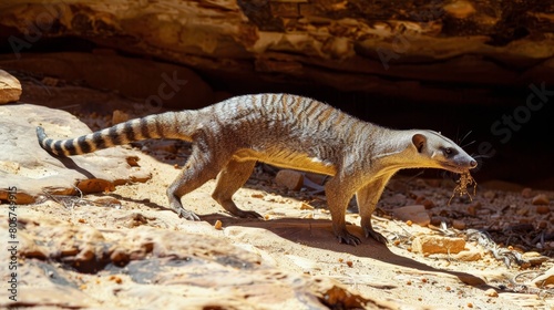   A tight shot of a small animal on dirt  adjacent to a rock Background features a distant cave