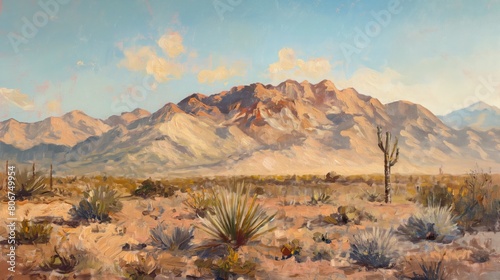 An oil painting on canvas depicting the arid beauty of the Southwest desert, with a focus on rugged mountains and sparse vegetation. AI generated