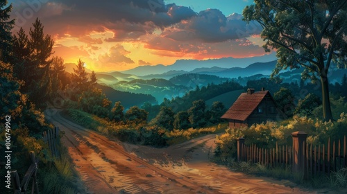Panoramic View Of The Romanian Countryside At Sunset, Bathed In The Warm Evening Light, Cartoon Background photo