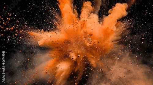 Orange Farbexplosion vor dunklem Hintergrund  rauchender Knall  Explosion aus orangem Pulver  