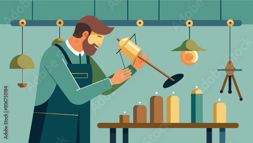 The workshop was filled with the music of hand bells as a metalsmith used antique hammers to shape a piece of brass into a wind chime. The delicate. Vector illustration