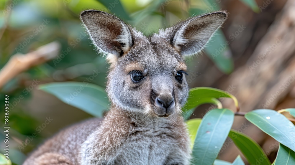 Fototapeta premium A sad-faced baby kangaroo gazes at the camera from a tree close-up