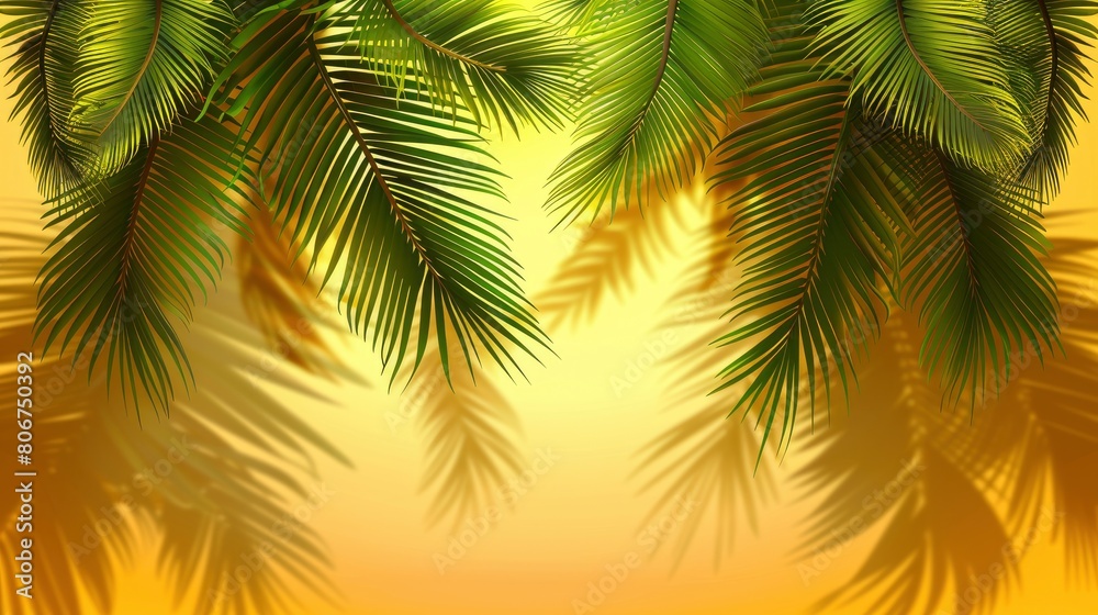 Fototapeta premium Phoenx Palm Tree Leaves Casting Long Shadows Against A Golden Backdrop, Capturing The Beauty Of The Setting Sun, Evoking Feelings Of Warmth And Serenity, Cartoon Background
