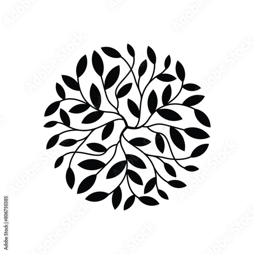 Tree branch with leafs forming perfect circle black and white illustration