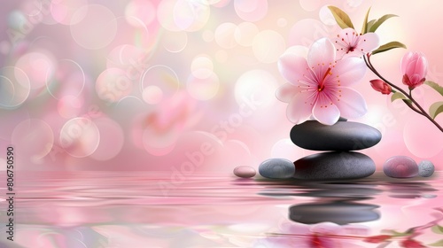 Pink Flower And Spa Stones On A Background, Cartoon Background