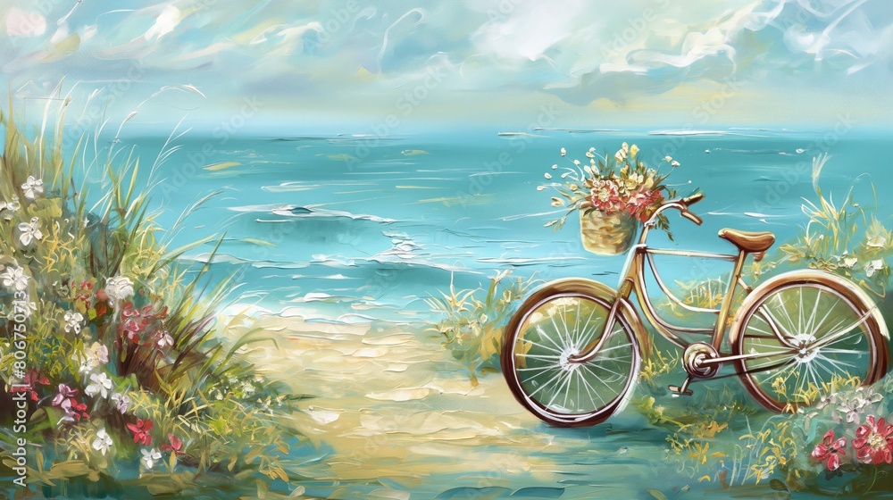 Obraz premium A canvas painting featuring a bicycle by the lake, its basket overflowing with fresh flowers, against a soft teal and aqua blue horizon. AI generated