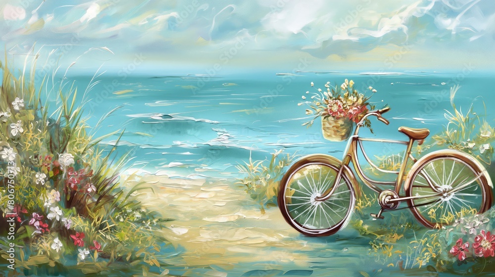 Fototapeta premium A canvas painting featuring a bicycle by the lake, its basket overflowing with fresh flowers, against a soft teal and aqua blue horizon. AI generated