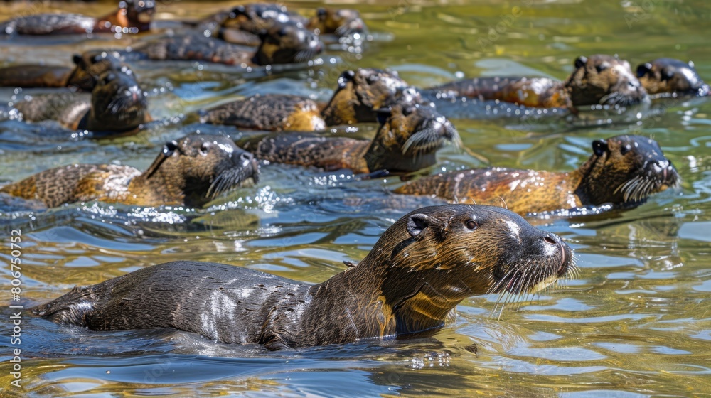 Fototapeta premium A group of sea otters bobbing heads above water while swimming in a body