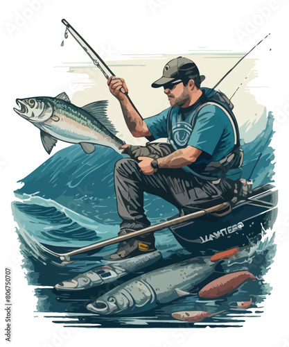 A fisherman catches fish with a fishing rod illustration