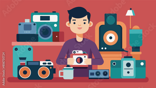 A newcomer to the world of vintage cameras attending a beginners workshop where they can learn the basics of film photography with a range of old. Vector illustration
