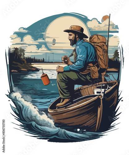 A fisherman catches fish with a fishing rod illustration