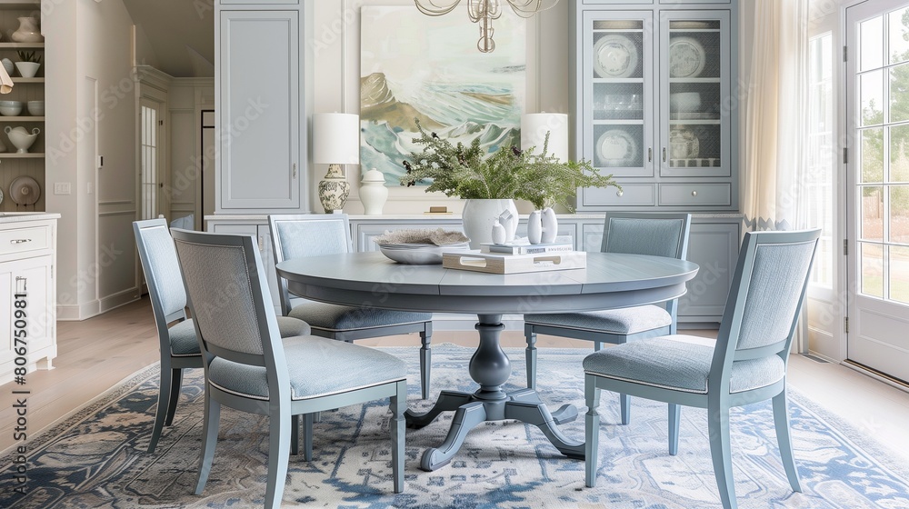 Soft gray dining chairs with pale blue cushions around a pale blue dining table. Soft gray dining chairs with pale blue cushions around a pale blue dining table.