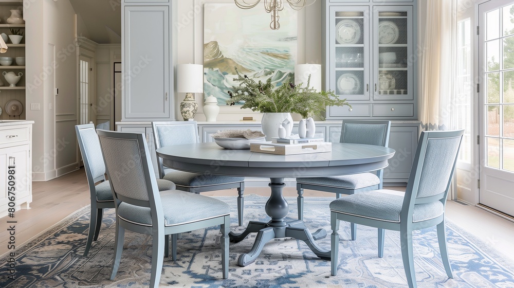 Soft gray dining chairs with pale blue cushions around a pale blue dining table.