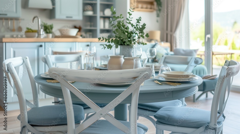 Soft gray dining chairs with pale blue cushions around a pale blue dining table.