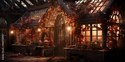 Illuminated greenhouse with autumnal leaves. Halloween concept. 3D Rendering