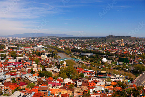 Panoramic view of Tbilisi city from the Saint mount (Mtatsminda), old town and modern architecture. Tbilisi the capital of Georgia