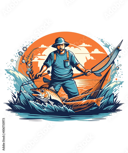 A fisherman catches fish with a fishing rod illustration