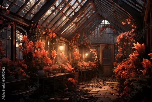 Abandoned greenhouse with flowers and plants. 3D rendering.