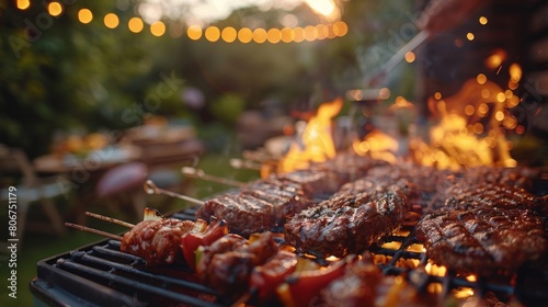 BBQ sizzling on the grill amidst a blurred party backdrop, capturing the convivial spirit of backyard feasts.