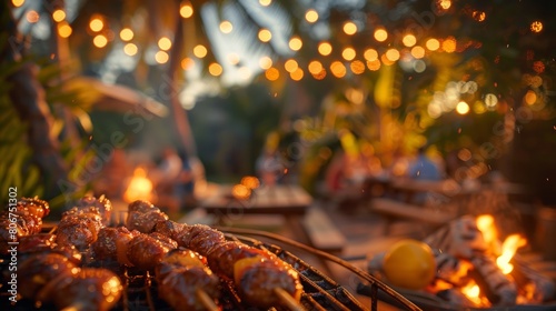 Grilling up a storm with a blurred party scene in the background, capturing the essence of summer festivities.