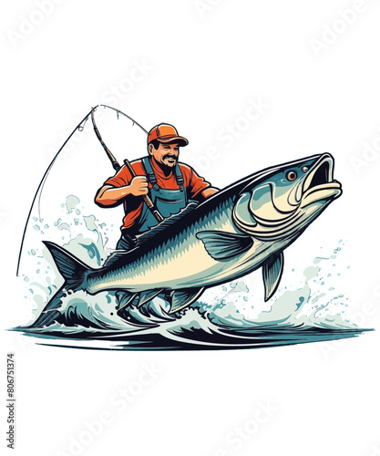 A fisherman catches fish with a fishing rod illustration