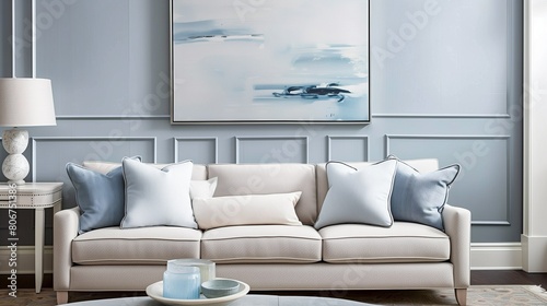 Soft gray walls with pale blue accent wall and pale blue throw pillows on a soft gray sofa.