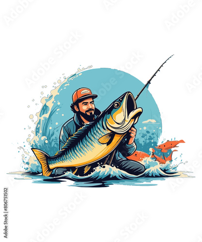 A fisherman catches fish with a fishing rod illustration