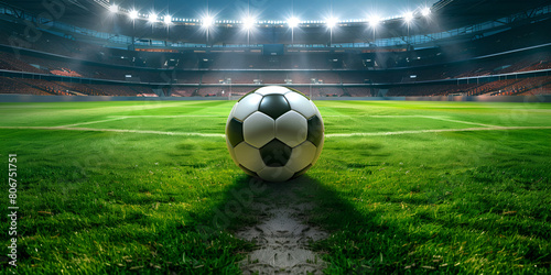 Not a real stadium a composition of several graphic elements Soccer ball on stadium Football poster with background stadium in lights and flashes