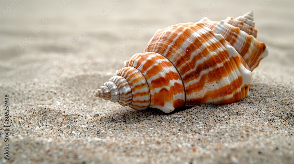 A tight shot of a seashell against a hazy backdrop of sand and seaweed A tight shot of a seashell against a hazy backdrop of sand and seaweed