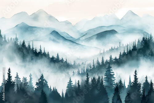 Soft watercolor washes to depict gentle mountain slopes and abstract forest elements  with subtle color shifts creating a soothing. AI generated
