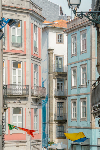 A view of the spectacular and colouful city facades buildings in the Portugese city of Porto