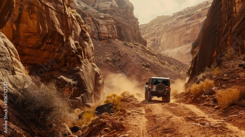A rugged Jeep navigating through a canyon, red rock formations towering on either side.