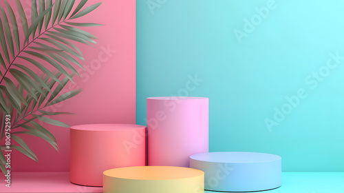 Abstract geometric 3D Rendering circle cylinder podium background with natural leaves. Minimalism pastel colored still life style. Suitable for e-commerce and black friday.