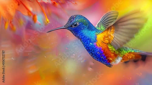   A vibrant hummingbird in flight, wings spread wide against a backdrop of vivid flowers © Wall