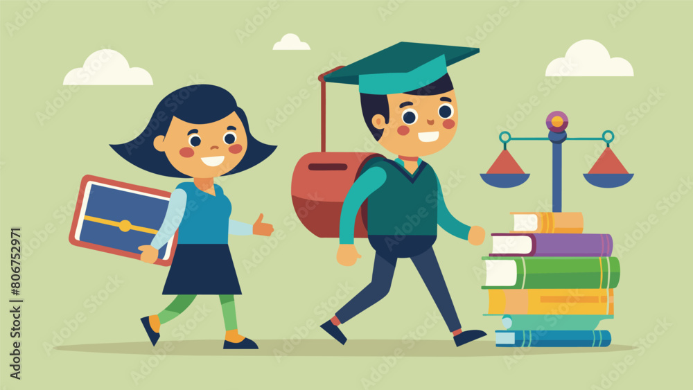 Cartoon of two students walking together one smiling with a diploma and the other weighted down by a stack of books and labeled Loan to show the. Vector illustration Cartoon of two students walking together one smiling with a diploma and the other weighted down by a stack of books and labeled Loan to show the. Vector illustration