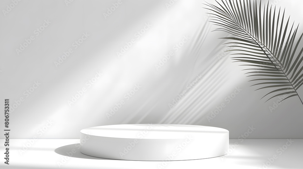 White round product display stand with natural leaves, window shadow and sunlight on white background. Stage showcase for products, sales, presentations. Vector 3D illustration. White round product display stand with natural leaves, window shadow and sunlight on white background. Stage showcase for products, sales, presentations. Vector 3D illustration.