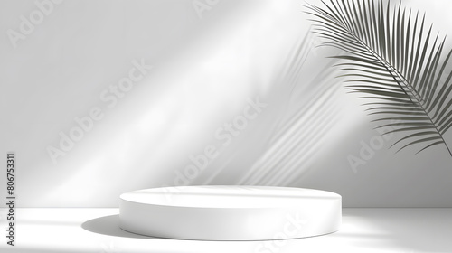 White round product display stand with natural leaves, window shadow and sunlight on white background. Stage showcase for products, sales, presentations. Vector 3D illustration.