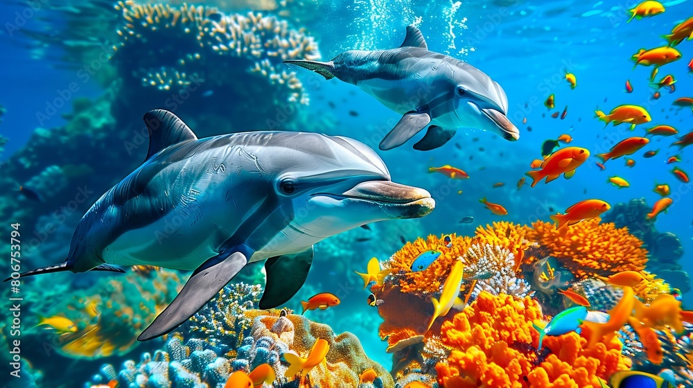 Fototapeta premium Dolphins swimming in the ocean with corals.