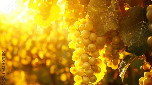   A vine bears several clusters of grapes  sun illuminating leaves nearby