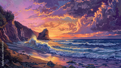 A picturesque coastal view with rugged cliffs overlooking the ocean, crashing waves against the rocky shore, and a colorful sunset painting the sky with shades of orange, pink, and purple. photo