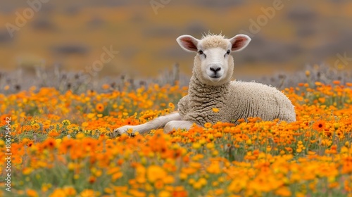   A sheep lies in an orange and yellow flower-filled field  behind  grass and wildflowers softly blur