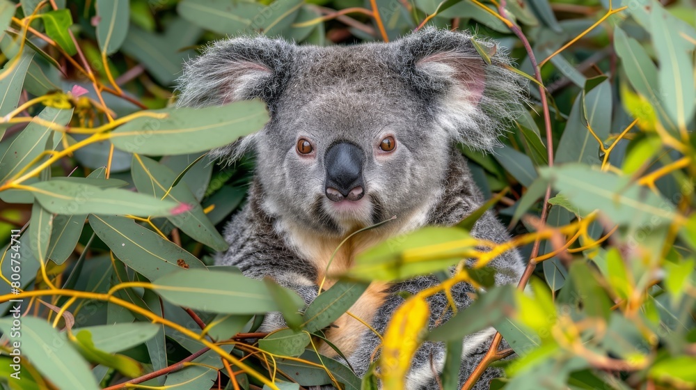 A tight shot of a koala in a tree, gazing at the camera with an expression of astonishment A tight shot of a koala in a tree, gazing at the camera with an expression of astonishment