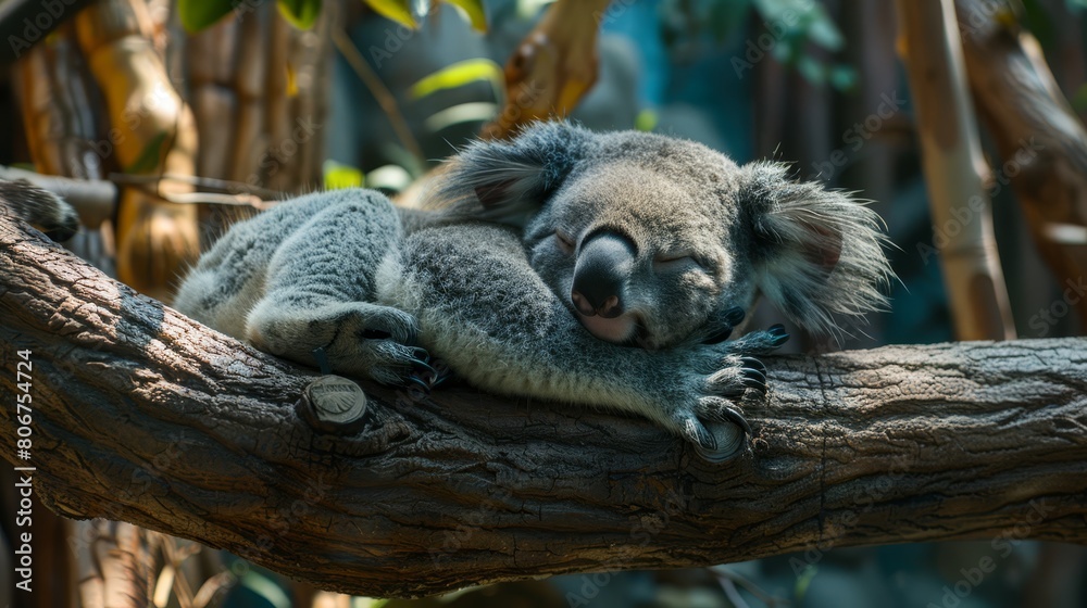 Fototapeta premium A koala naps on a tree branch, its head resting behind it, eyes shut