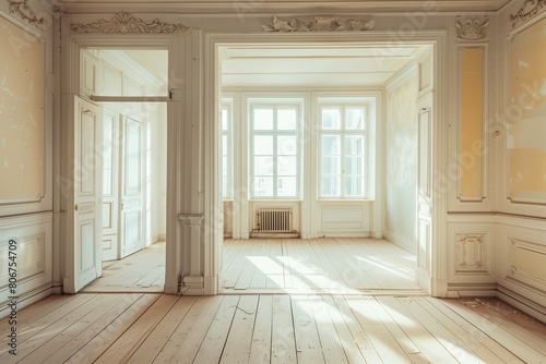 A large  empty room with white walls and wooden floors. The room is bare and unoccupied  with no furniture or decorations. The open doorway and windows let in natural light  creating a bright