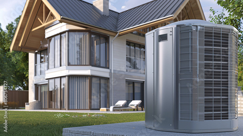 Heat pumps: Show a modern home efficiently heated and cooled by an innovative heat pump system