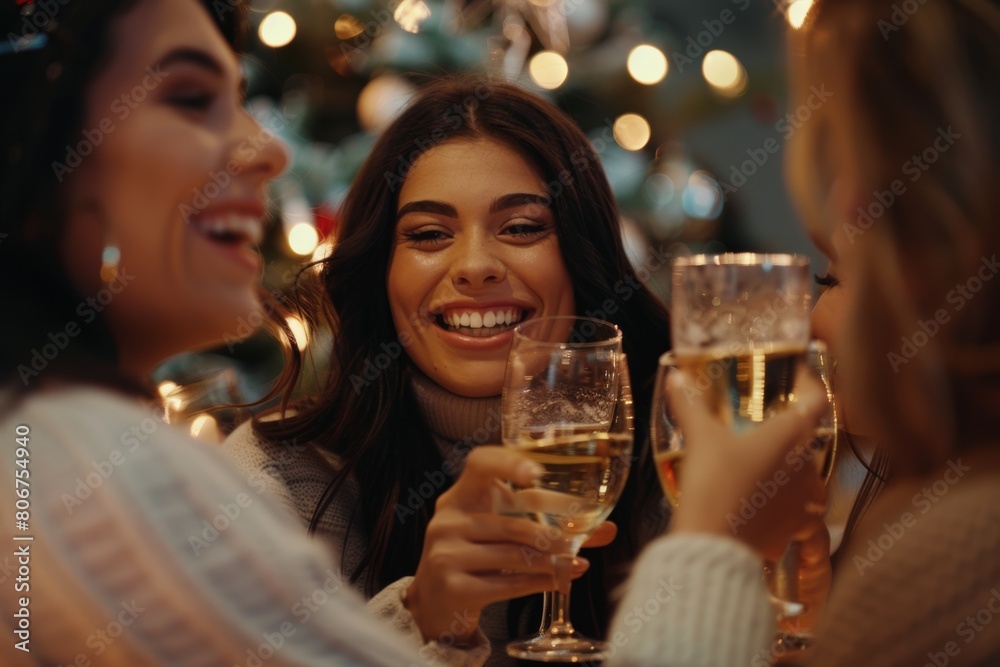 Close-up of a woman clinking glasses with friends, sharing laughter and happiness at a festive gathering. Close-up of a woman clinking glasses with friends, sharing laughter and happiness at a festive gathering.
