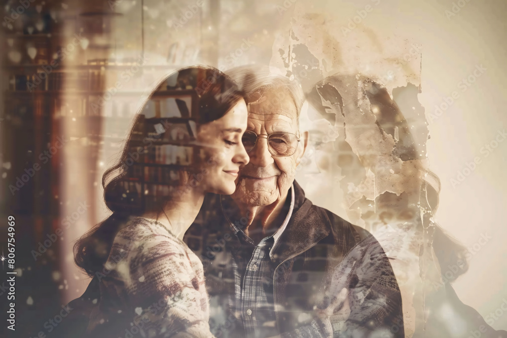 Photo timeline showing progression of Alzheimers over years, from happy family scenes to patients fading recognition Photo timeline showing progression of Alzheimers over years, from happy family scenes to patients fading recognition